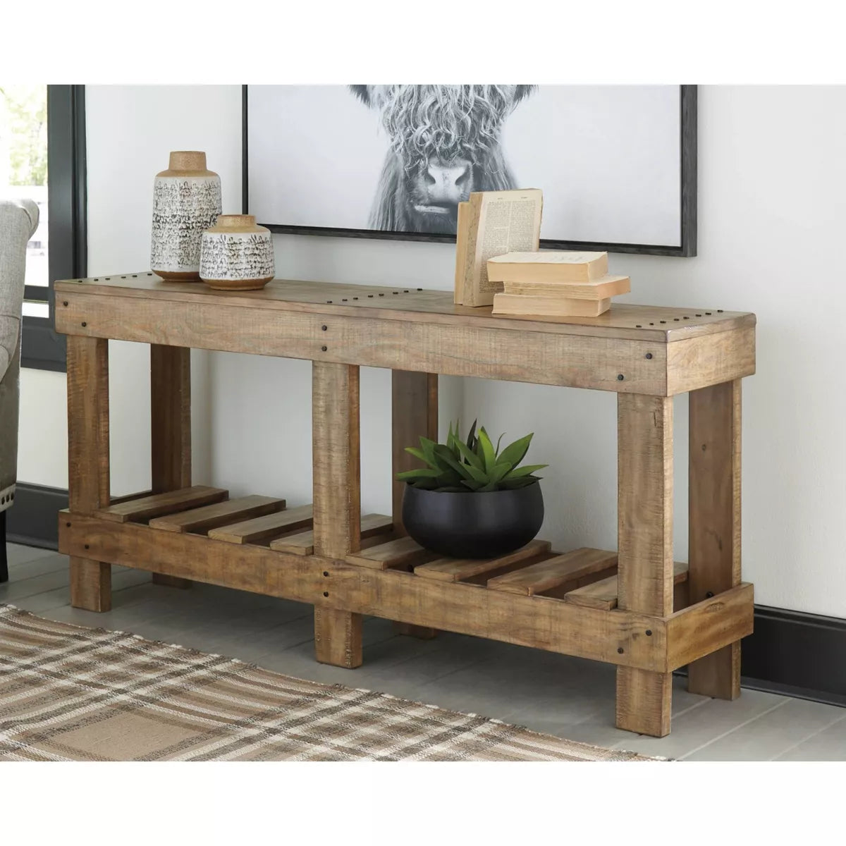 Susandeer Sofa and Console Table Brown - Modern Entryway, Open Shelf Storage