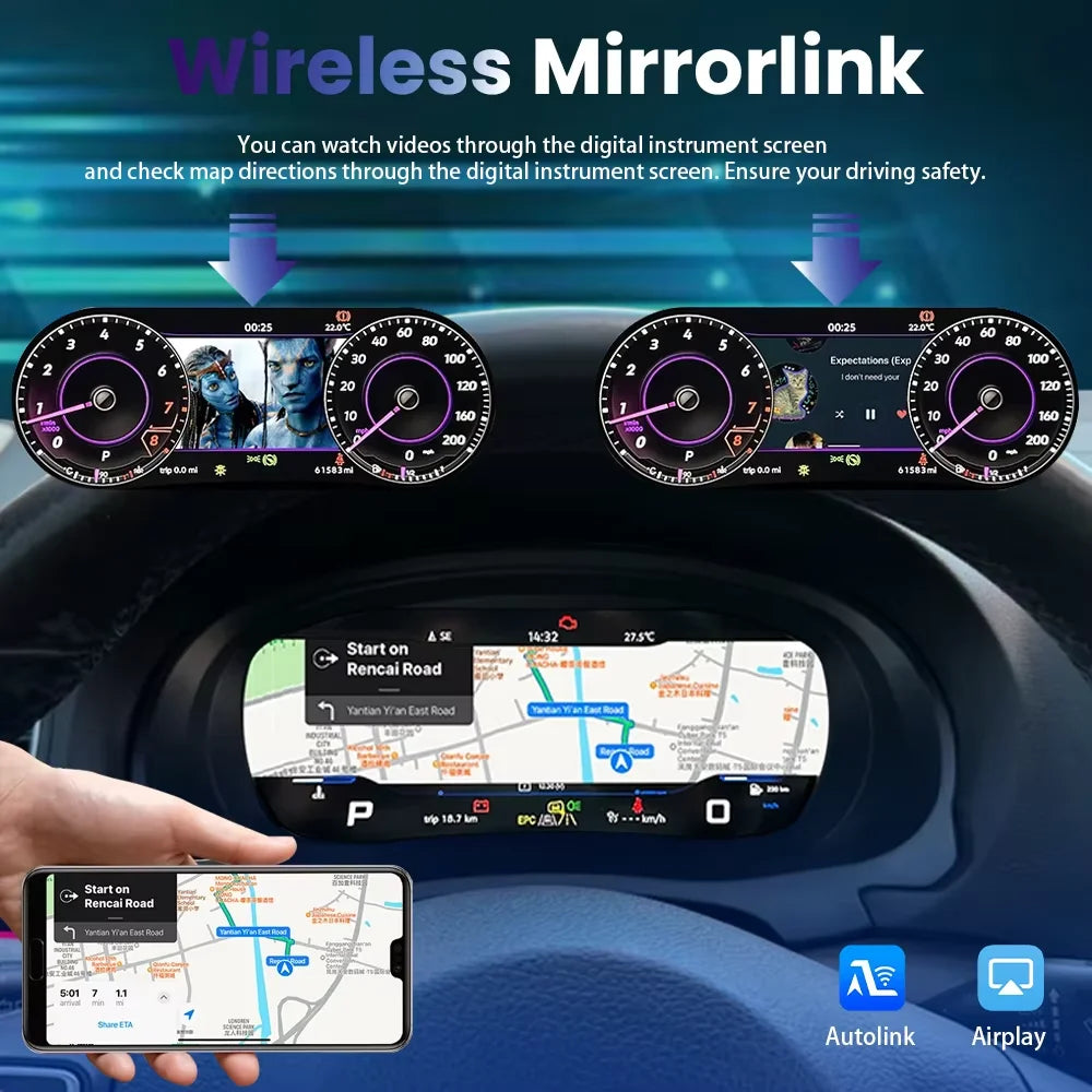 12.3-Inch Digital Dashboard Cluster with Wireless CarPlay and Android Auto for VW Golf 7 MK7 (2013-2020) - Virtual Cockpit Instrument Panel