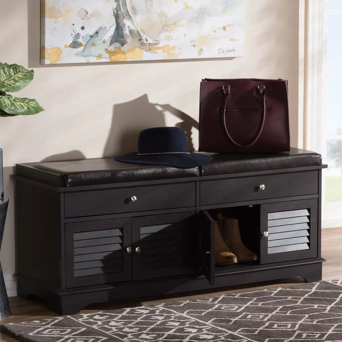 Leo Modern Contemporary Wood Shoe Storage Bench with Upholstered Seat and Ventilated Cabinet in Dark Brown - Baxton Studio
