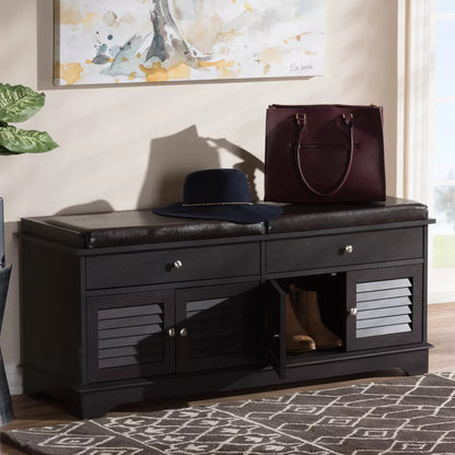 Leo Modern Contemporary Wood Shoe Storage Bench with Upholstered Seat and Ventilated Cabinet in Dark Brown - Baxton Studio