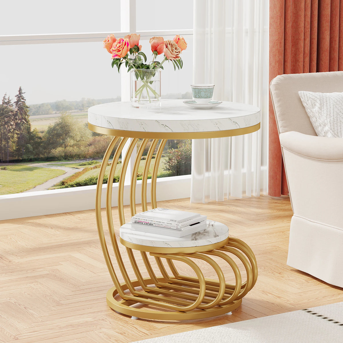 Tribesigns Gold Round End Table: Two-Tier Faux Marble Side Table with Storage Shelf, Modern White and Gold Bedside Nightstand