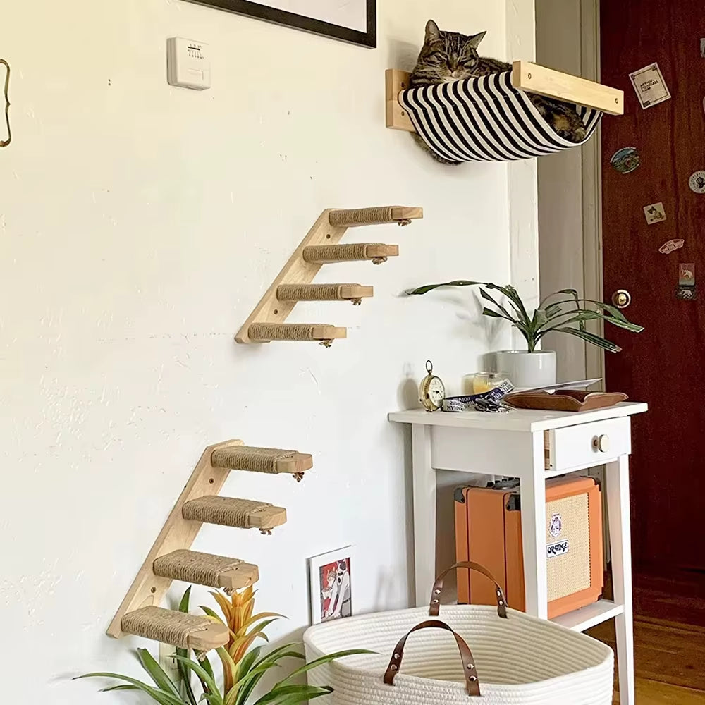 Wall-Mounted Cat Climbing Shelf with Four-Step Stairway and Sisal Scratching Post for Enhanced Pet Play and Comfort