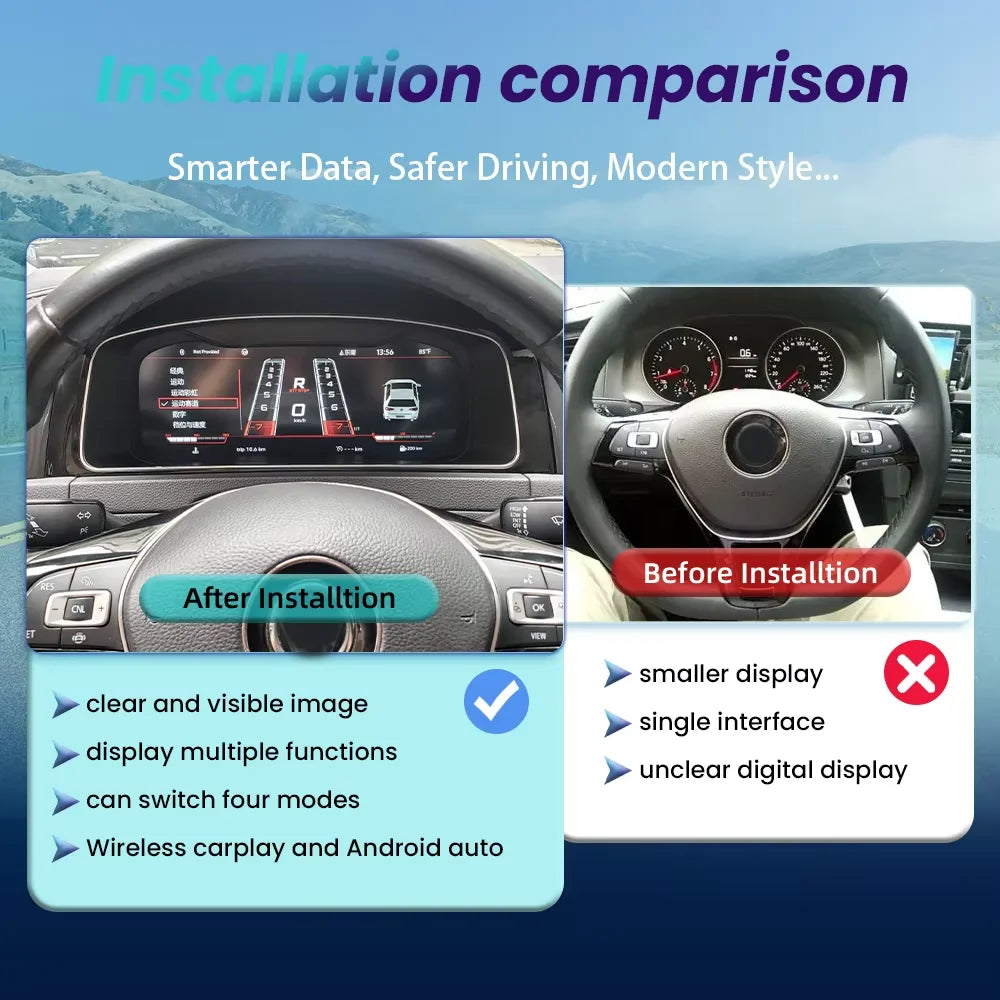 12.3-Inch Digital Dashboard Cluster with Wireless CarPlay and Android Auto for VW Golf 7 MK7 (2013-2020) - Virtual Cockpit Instrument Panel