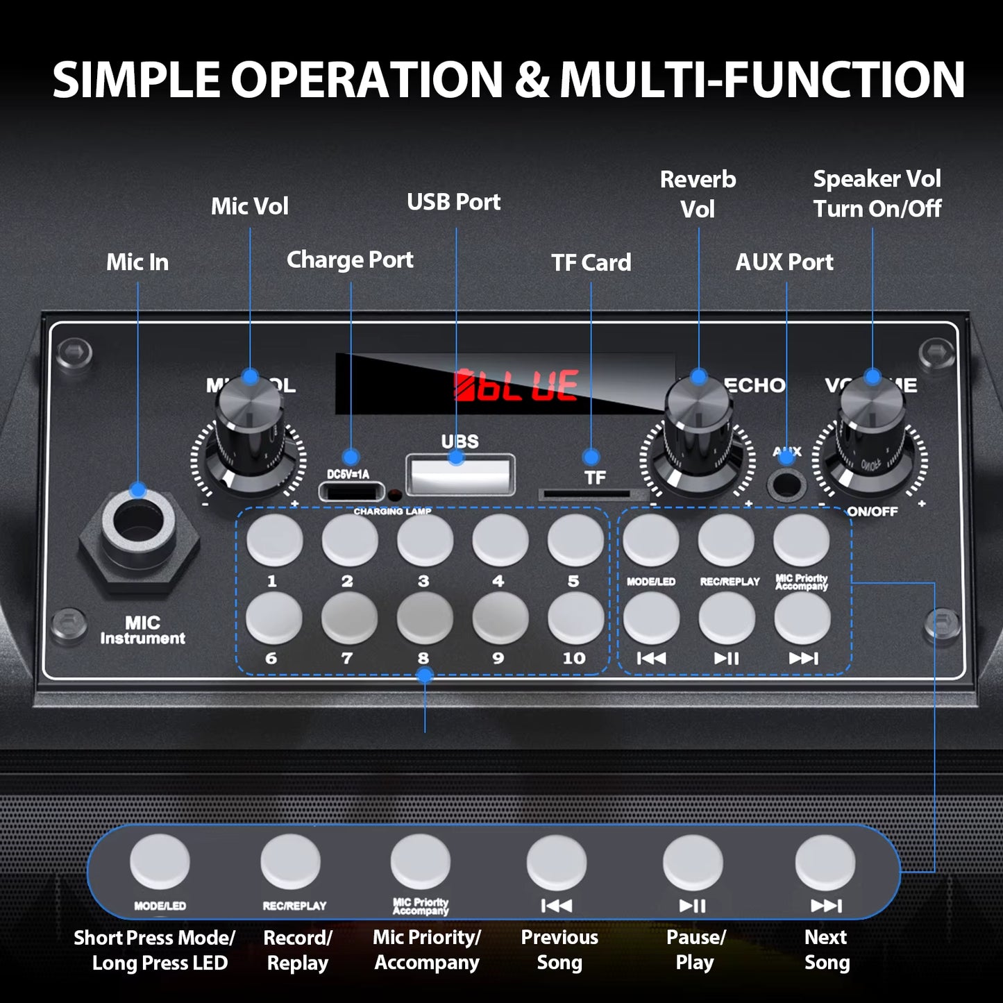 Wireless Speaker, Portable Bluetooth Speaker with Microphone and LED Light, Karaoke Speaker Machine, Home Karaoke System