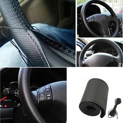 Premium Car Steering Wheel Cover Kit with Needles and Braided Thread - Two-Color DIY Soft Artificial Leather Auto Accessories