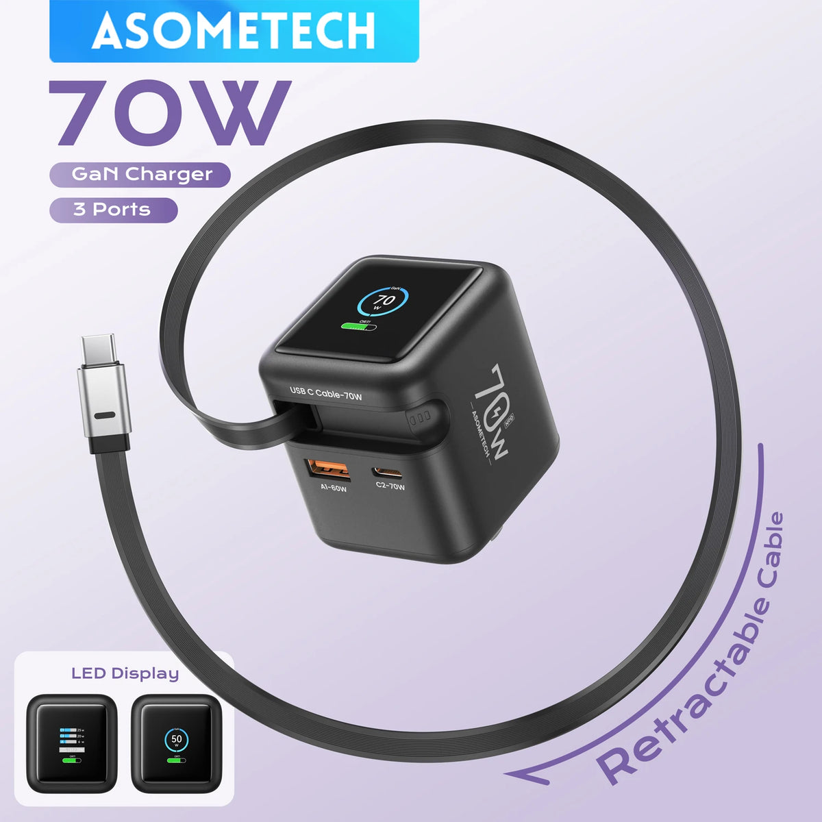 ASOMETECH 70W GaN Charger with Retractable Type-C Cable, 45W PD QC PPS Travel Charger for iPhone 16, MacBook, Tablets, and Samsung Devices