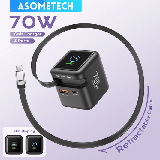 ASOMETECH 70W GaN Charger with Retractable Type-C Cable, 45W PD QC PPS Travel Charger for iPhone 16, MacBook, Tablets, and Samsung Devices