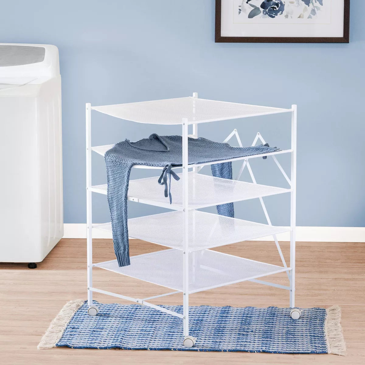 Collapsible Flat Drying Rack with Wheels, Steel Construction, 40 lb Capacity, Ideal for Sweater Drying, 23.4" Surface Area, White
