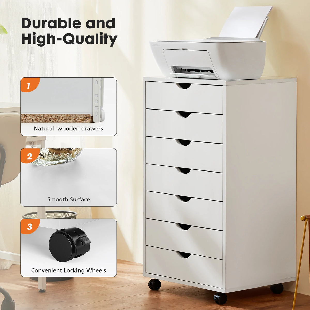 JHK 7-Drawer Wooden Mobile Storage Cabinet with Wheels for Office and Living Room Organization
