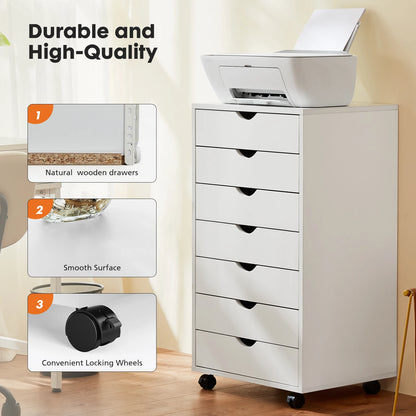 JHK 7-Drawer Wooden Mobile Storage Cabinet with Wheels for Office and Living Room Organization