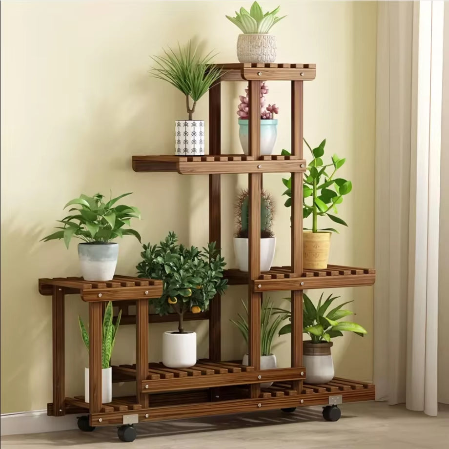 Multi-Tiered Wooden Plant Stand with Wheels for Indoor and Outdoor Use