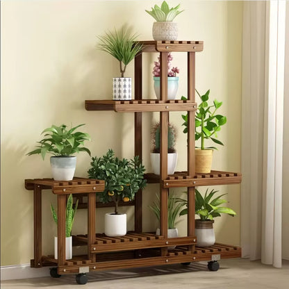 Multi-Tiered Wooden Plant Stand with Wheels for Indoor and Outdoor Use