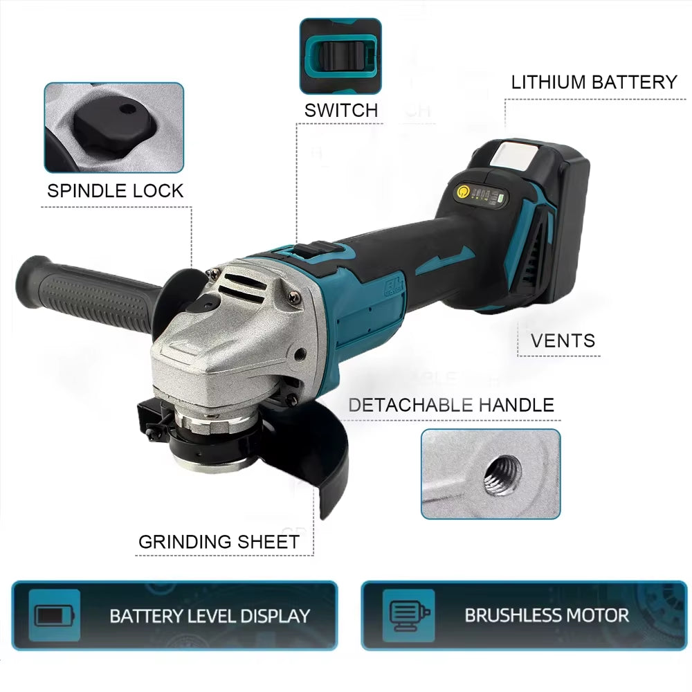 125MM Brushless Electric Angle Grinder with Variable Speed - M14 Cutting Tool for Woodworking Compatible with Makita 18V Battery