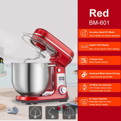 Biolomix Professional Kitchen Stand Mixer with Quiet Motor, 6-Speed Settings, 1200W Power, 6L Capacity, and Cream Egg Whisk Attachment