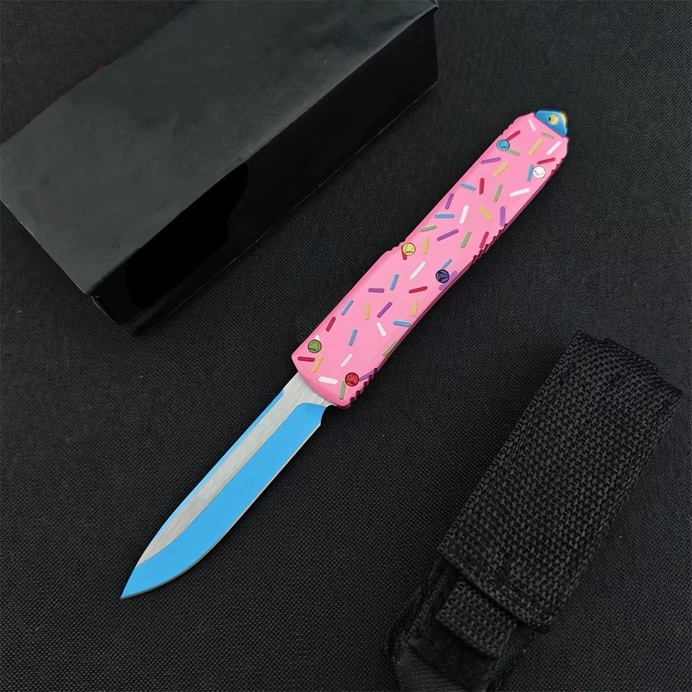 Outdoor Tactical Folding Knife with 3.46-Inch D2 Blade and T6 Aluminum Pink Donut Handle - Deep Pocket Clip EDC Tool for Camping, Hiking, and Hunting