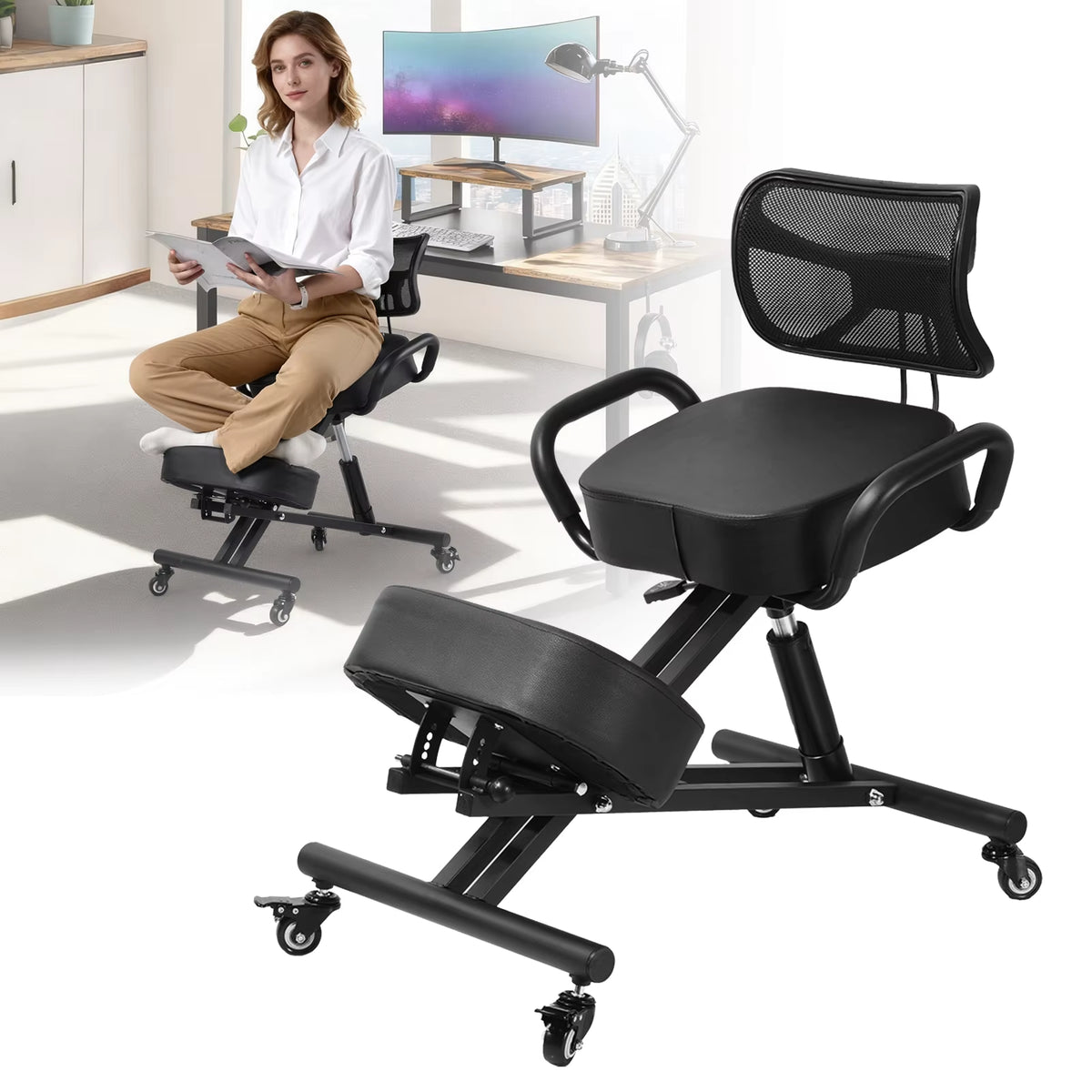 Height Adjustable Kneeling Chair with Back Support for Adults and Children