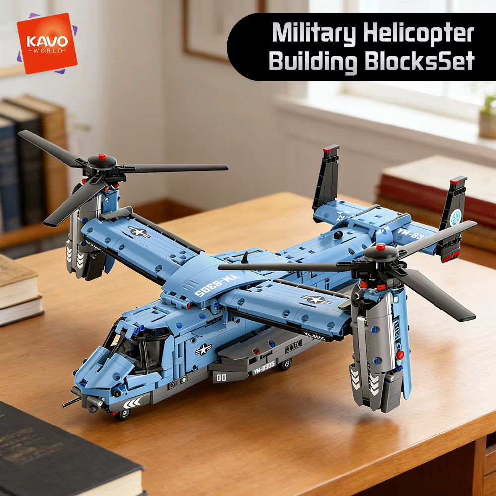 KAVOWORLD 1486-Piece V-22 Military Transport Aircraft Building Block Set - STEM Educational DIY Assembly Toy