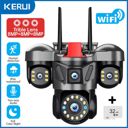 12K 24MP Outdoor Wifi Camera Triple Lens Home Security CCTV Video Surveillance System with Night Vision Triple Screens