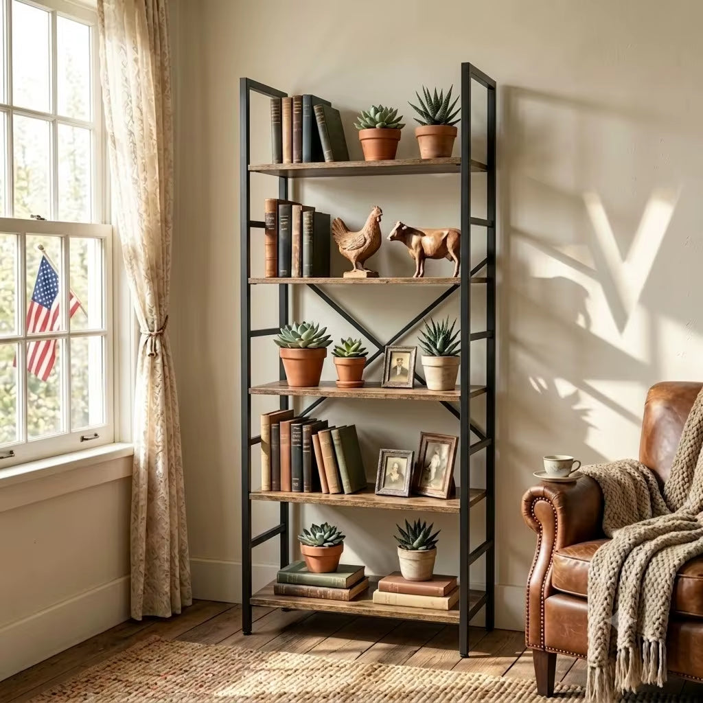 5 & 6 Tier Industrial Rustic Wood Bookcase with Black Metal Frame - Freestanding Multipurpose Storage Organizer for Bedroom, Living Room, Office, Kitchen, and Plant Decor