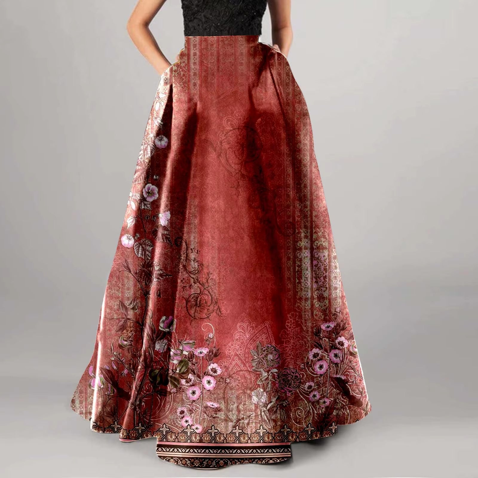High Waist Pocket Skirts for Women Fashion Bohemian Floral Print Maxi Skirt Party Beach Long Skirt Elegant Vintage Clothing