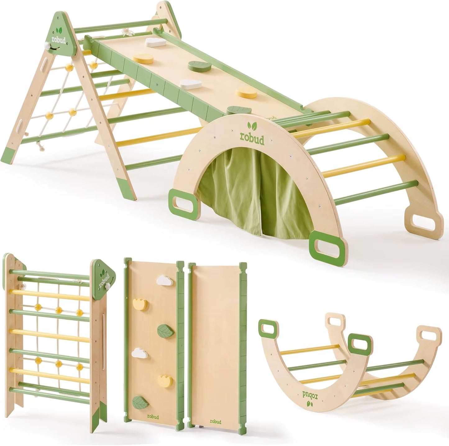 Robotime Robud 7 in 1 Triangle Set Foldable Wooden Climbing Toy Montessori Foldable Climbing Set with Rope Net for Girls Boys