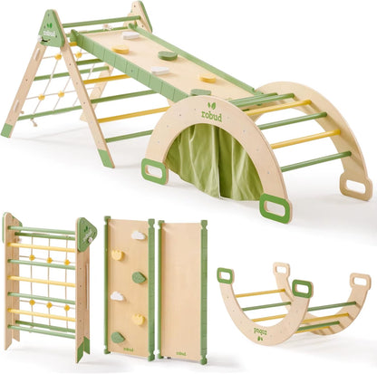 Robotime Robud 7 in 1 Triangle Set Foldable Wooden Climbing Toy Montessori Foldable Climbing Set with Rope Net for Girls Boys