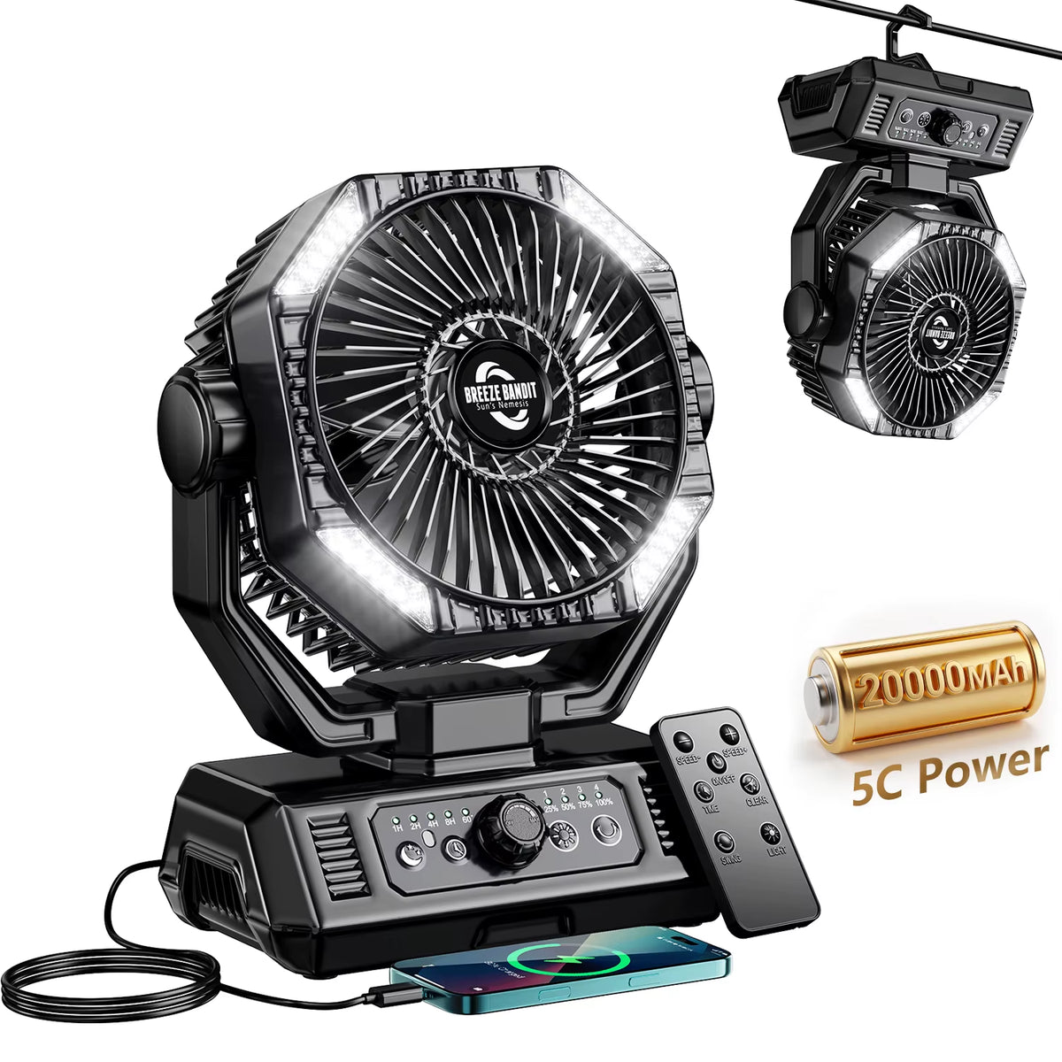 Coldsky 20,000mAh Rechargeable Camping Fan with Remote Control, 4 LED Lights, and 8 Adjustable Speeds for Outdoor Use