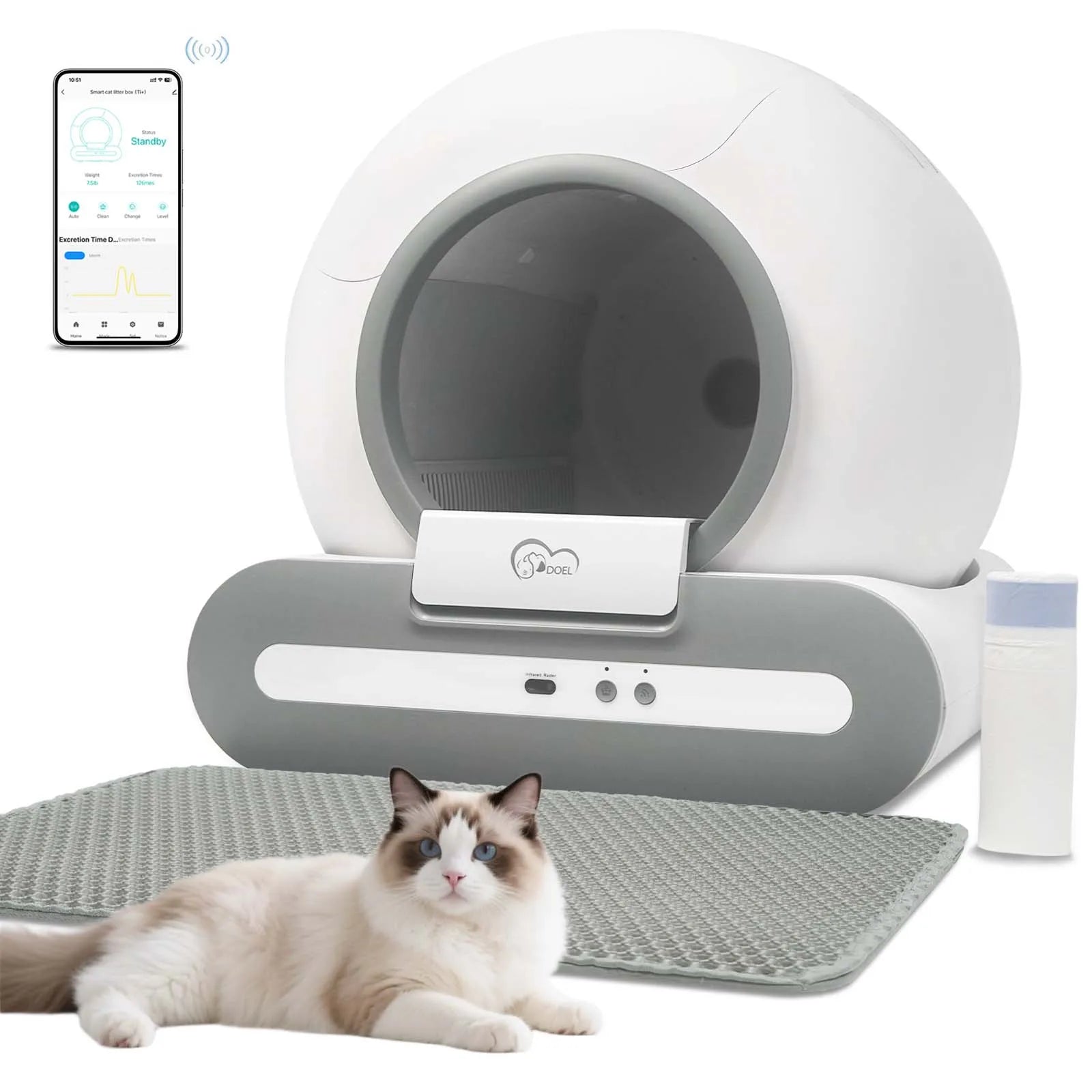 DOEL 65L Self-Cleaning Cat Litter Box App Control, ONLY Supports 2.4G Wifi W/Litter Mat&Trash Bags, Fit for Tofu & Mixed Litter