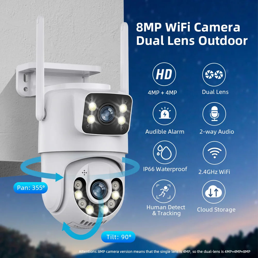 8MP 4K PTZ Wifi Camera Dual Lens Wireless Outdoor Surveillance Camera Ai Human Detect Security IP Camera Auto Tracking Icsee App