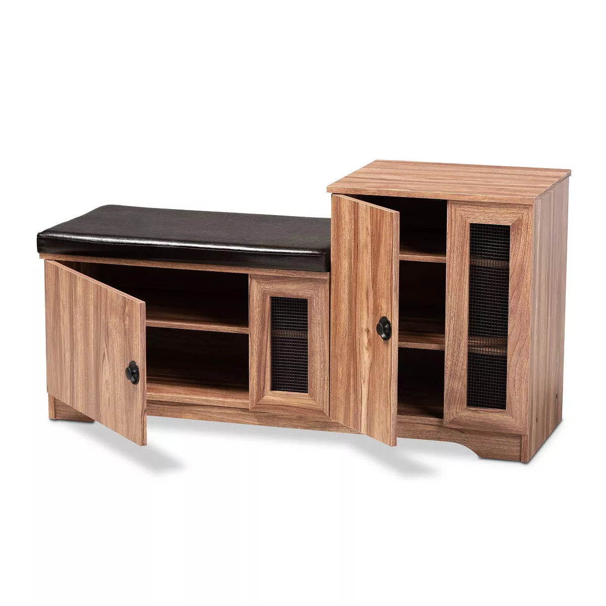 2 Door Valina Faux Leather Wood Shoe Storage Bench with Cabinet Brown - Engineered Oak Finish, 5 Shelves