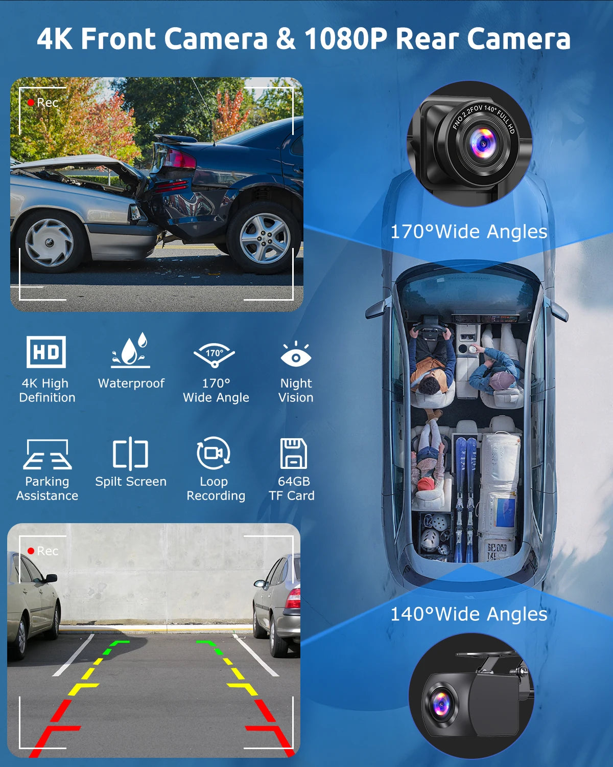 10.26" 4K Dual Lens Dash Cam with Touch Screen, 64GB Storage, Wireless Apple CarPlay and Android Auto for Car Stereo and Rearview Recording