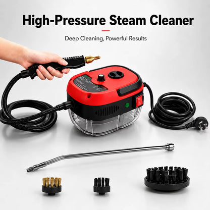 High-Pressure Portable Steam Cleaner with Brush Heads - Handheld Sanitizer with 6-Speed Settings, Extended Hose, and Large Capacity for Effective Grease and Dust Mite Removal in Air Conditioners, Range Hoods, Floors, Bathrooms, and Cookware.