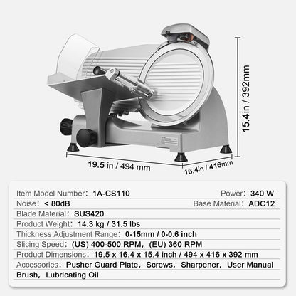 Succebuy Electric Deli Food Slicer with 8/10 Inch Carbon Steel Blade, Adjustable Thickness for Commercial and Home Use, Ideal for Meat and Cheese Cutting