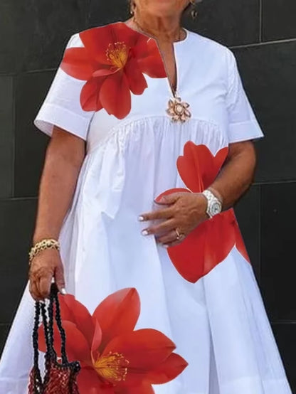 Women Midi Shirts Dress Summer New Dress 2025 V-Neck Pleated Short Sleeves White Loose Casual Flower Print A-Line Dresses