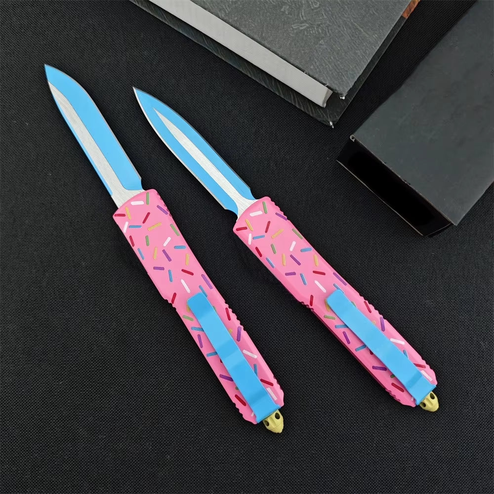 Outdoor Tactical Folding Knife with 3.46-Inch D2 Blade and T6 Aluminum Pink Donut Handle - Deep Pocket Clip EDC Tool for Camping, Hiking, and Hunting