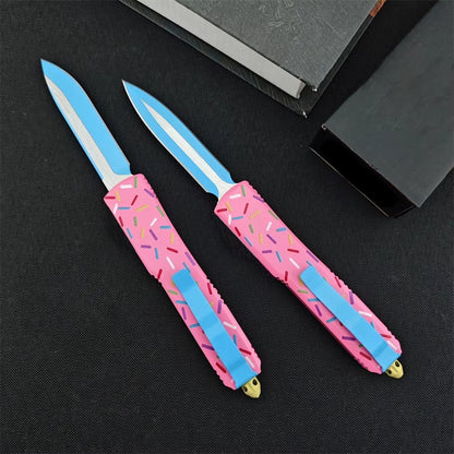 Outdoor Tactical Folding Knife with 3.46-Inch D2 Blade and T6 Aluminum Pink Donut Handle - Deep Pocket Clip EDC Tool for Camping, Hiking, and Hunting