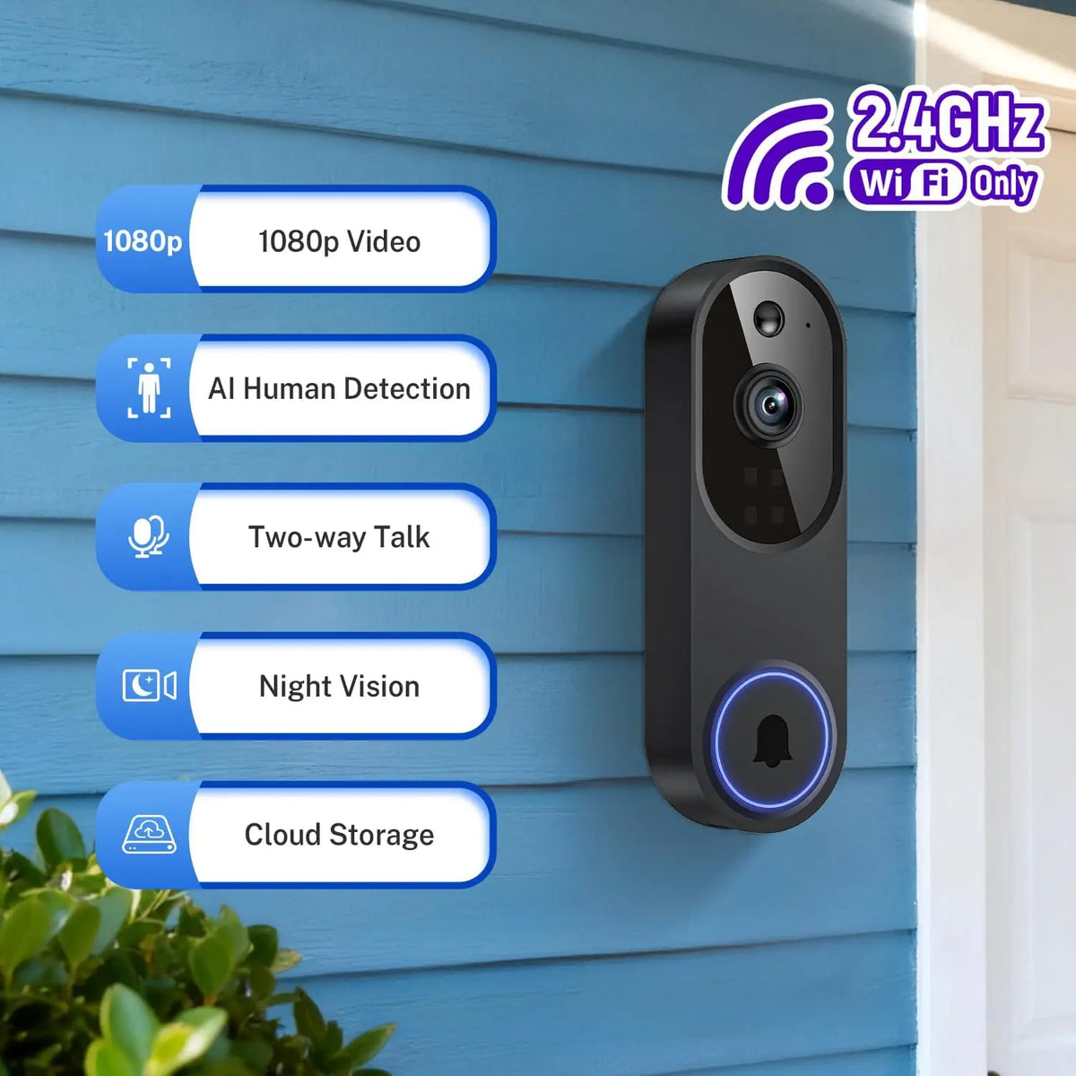 Wireless Wi-Fi Video Doorbell Camera with Two-Way Audio, AI Motion Detection, Night Vision, Cloud Storage, and 2.4G Wi-Fi Connectivity (Black)