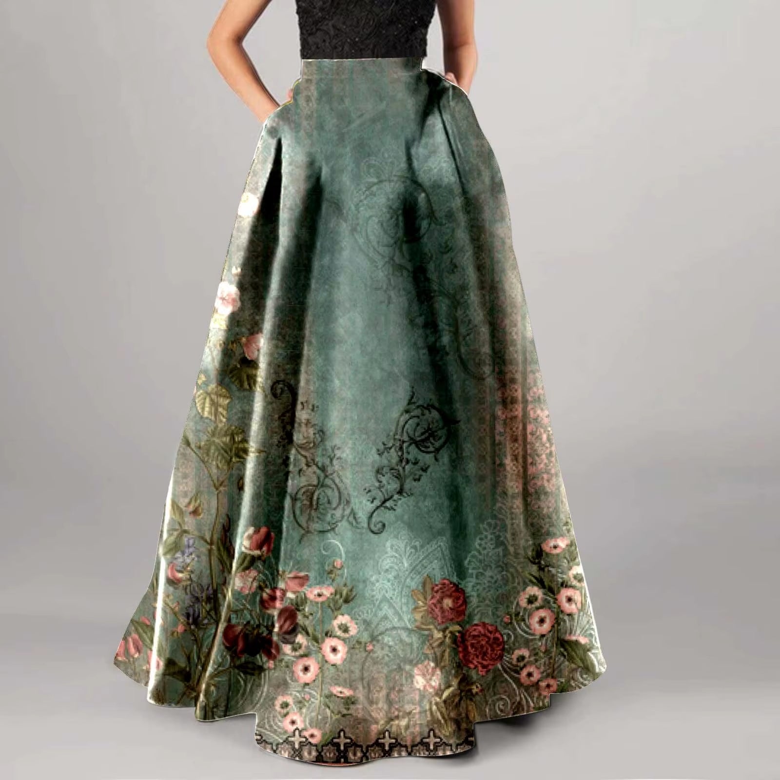 High Waist Pocket Skirts for Women Fashion Bohemian Floral Print Maxi Skirt Party Beach Long Skirt Elegant Vintage Clothing
