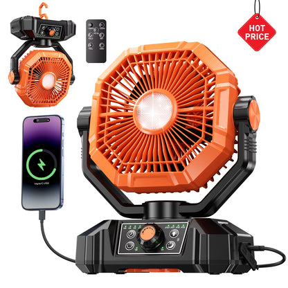 Coldsky 20,000mAh Rechargeable Camping Fan with Remote Control, 4 LED Lights, and 8 Adjustable Speed Settings for Outdoor Use