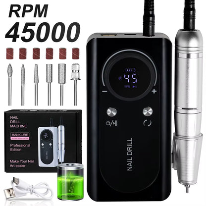 45000RPM Electric Nail Drill File Rechargeable Electric Nail Polishing Machine for Acrylic Gel Dip Powder Manicure Pedicure Tool