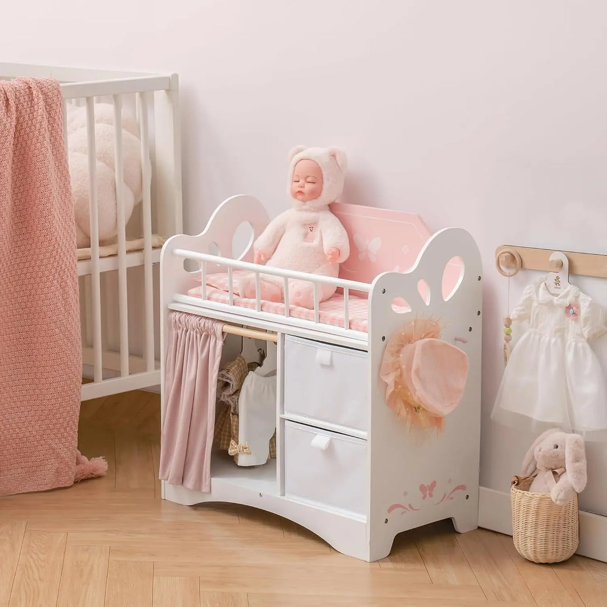 Robotime Wooden Baby Doll Crib with Storage and Bedding, Fits Dolls up to 21", Suitable for Girls 3+, Pink