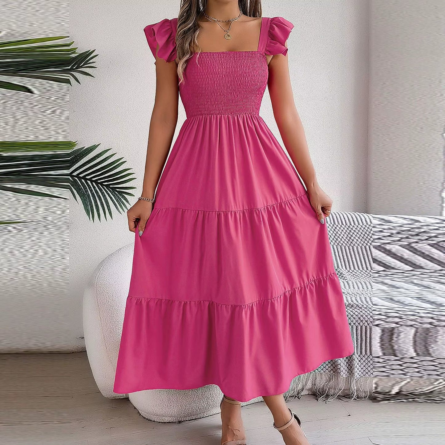 2024 Summer Solid Tank Long Dress for Women Square Collar Sleeveless A-Line Maxi Dress Backless Slim Waist Pleated Beach Dresses