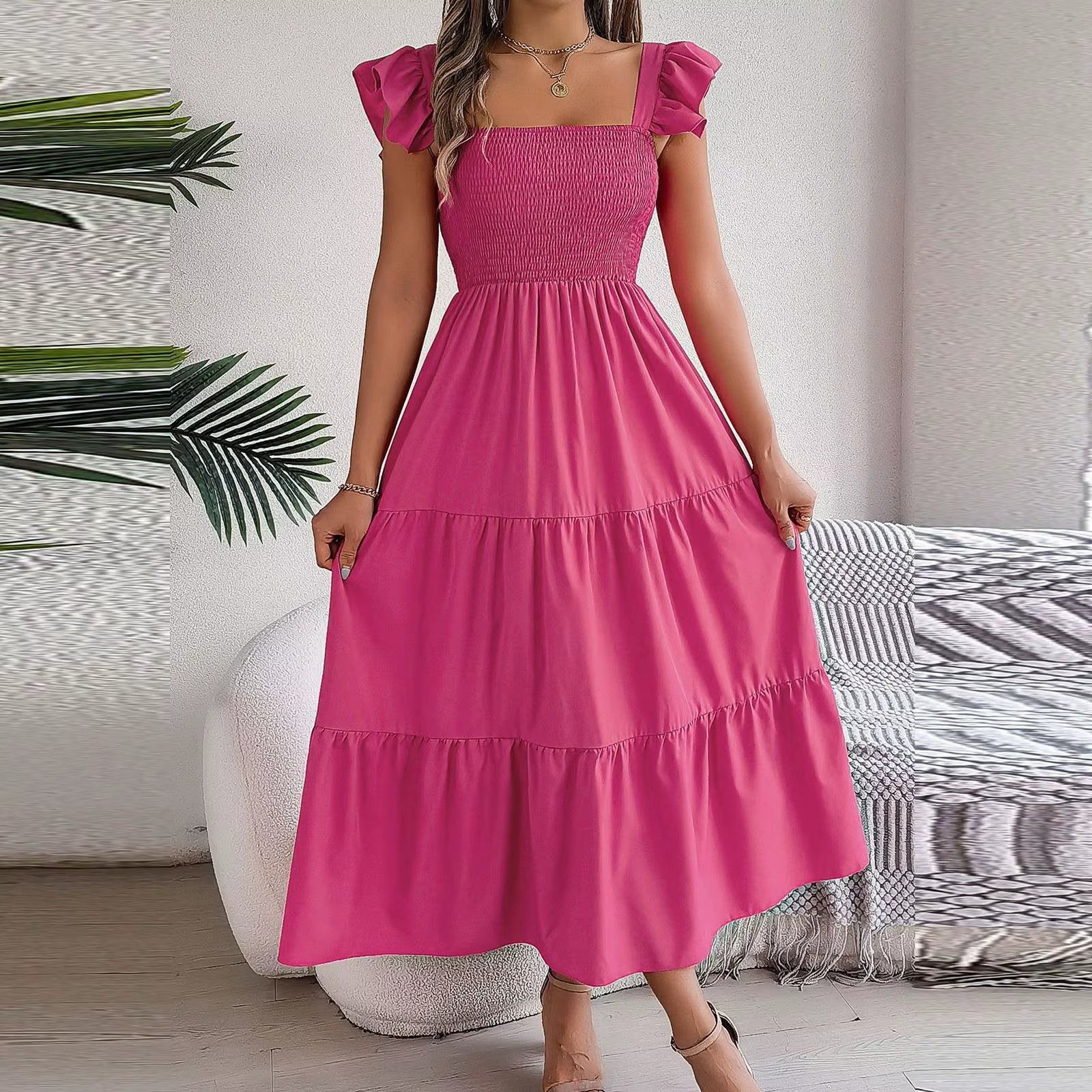 2024 Summer Solid Tank Long Dress for Women Square Collar Sleeveless A-Line Maxi Dress Backless Slim Waist Pleated Beach Dresses
