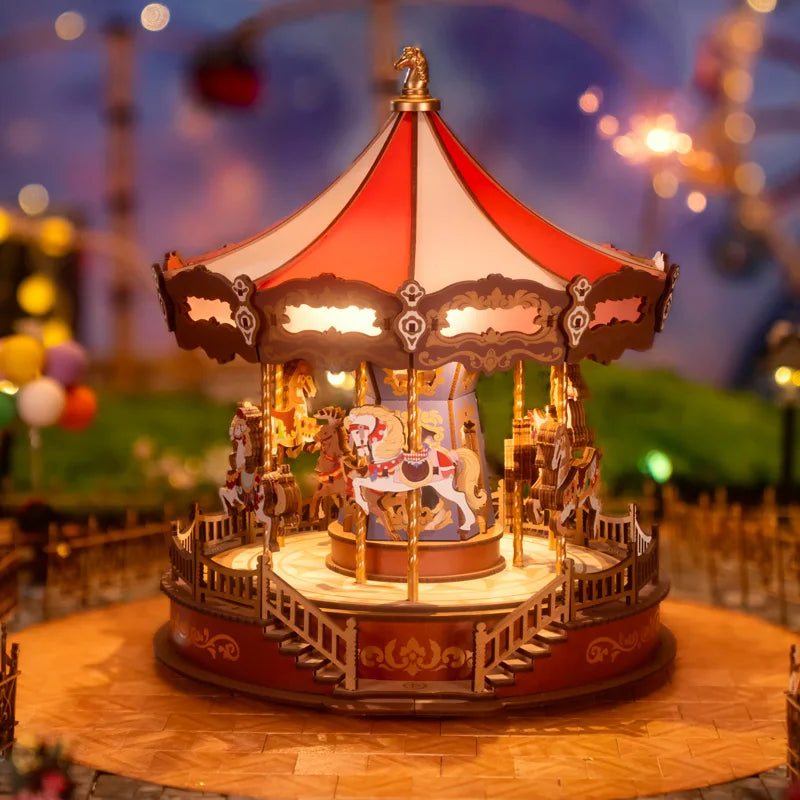 Robotime 3D Wooden Puzzle Carousel Music Box with LED Lights Gear Model Building Construction Craft Kits Xmas Gifts for Adult