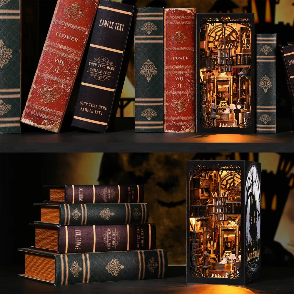 Book Nook Kit Dark Family DIY Wooden Puzzle Gothic Style Halloween Bookshelf Dollhouse Model Bookend Building Home Decoration