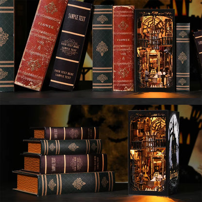 Book Nook Kit Dark Family DIY Wooden Puzzle Gothic Style Halloween Bookshelf Dollhouse Model Bookend Building Home Decoration