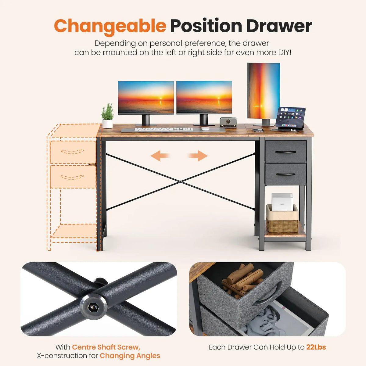 JHK 47-Inch Modern Computer Desk with Adjustable Position Drawers, Ideal for Study, Office, and Gaming