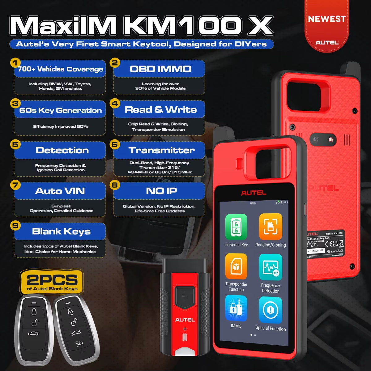 Autel MaxiIM KM100 KM100X Key Programming Tool with Lifetime Free IMMO and Key FOB Programming, OBD IMMO Key Learning, Compatible with IM508