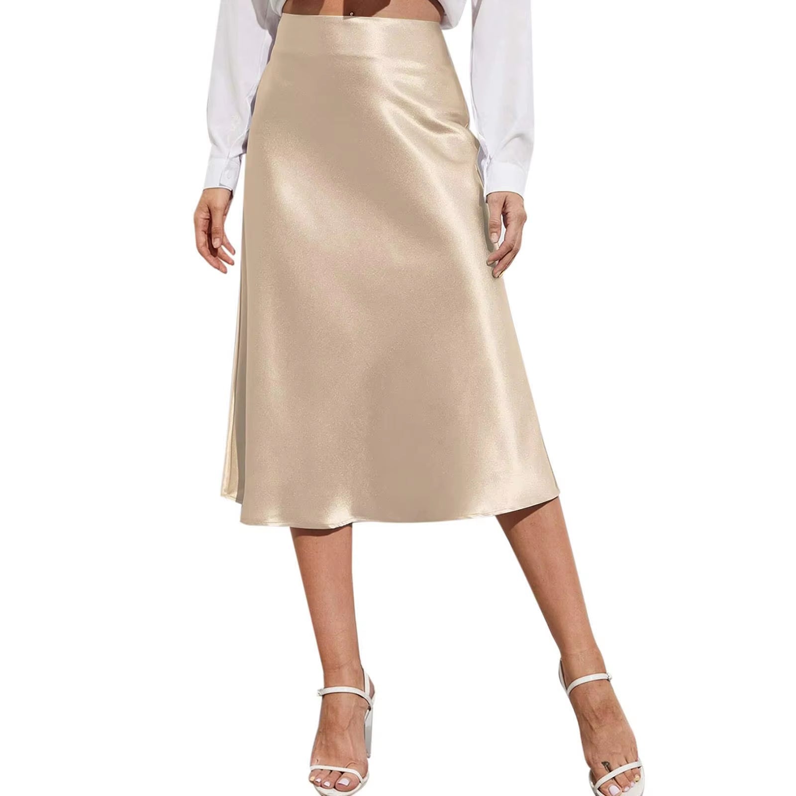 Aesthetic Satin A-Line Skirt Women'S Bright Face High Waist Solid Color Side Split Skirt with Zipper Knee Length Office Wear