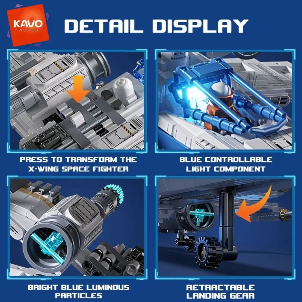 KAVOWORLD 1271-Piece X-Wing Space Fighter Building Block Set with LED Lighting and Mechanical Linkage, Transformable Starship Model with Retractable Landing Gear, Ideal Construction Toy for Adults and Teens, Perfect Gift for Space Enthusiasts